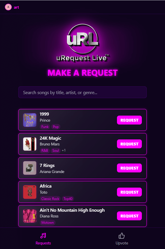 uRequest Live mobile app song browsing screen
