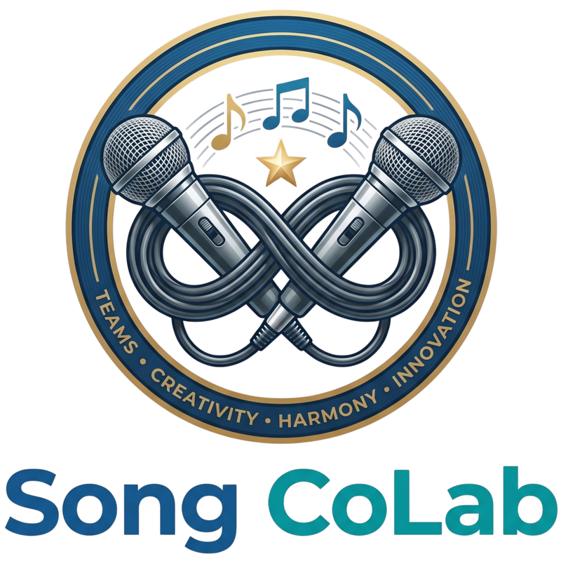 Song CoLab logo — twin microphones forming an infinity loop with a star and music notes above