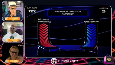 Virtual Majority Rules game show screen with remote players on webcam voting live during a Fusion Events online event