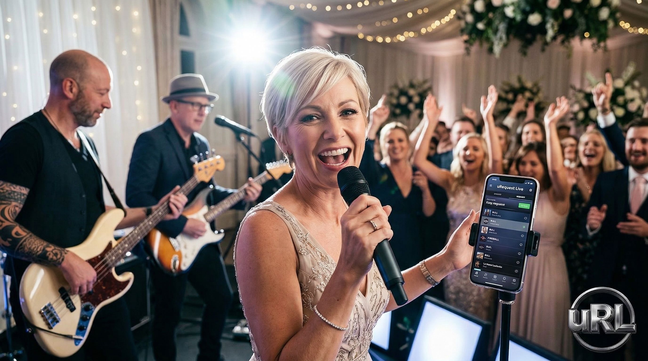 Guest singing into a microphone with uRequest Live app visible