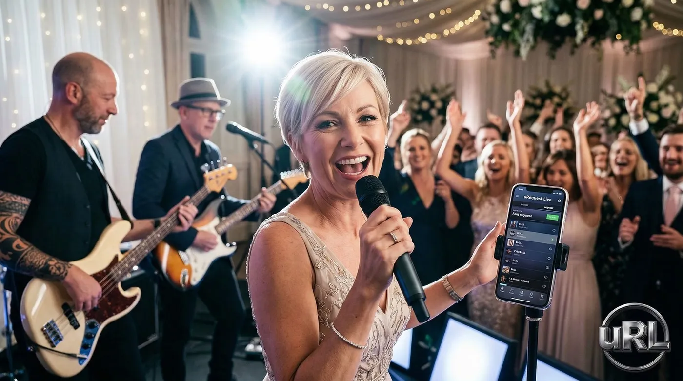 Guest singing into a microphone with uRequest Live app visible