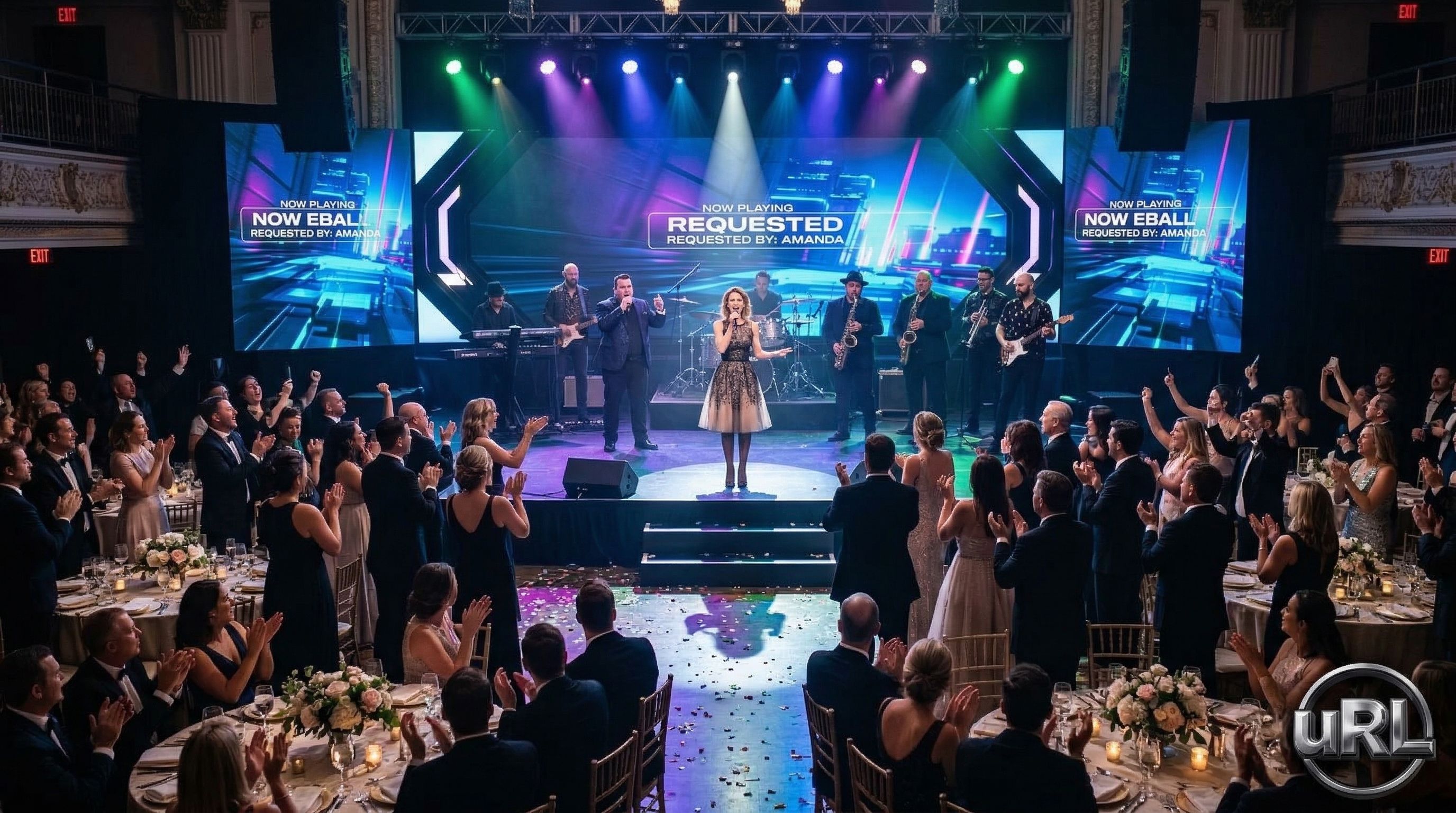Guest performing on stage to cheering crowd at corporate event