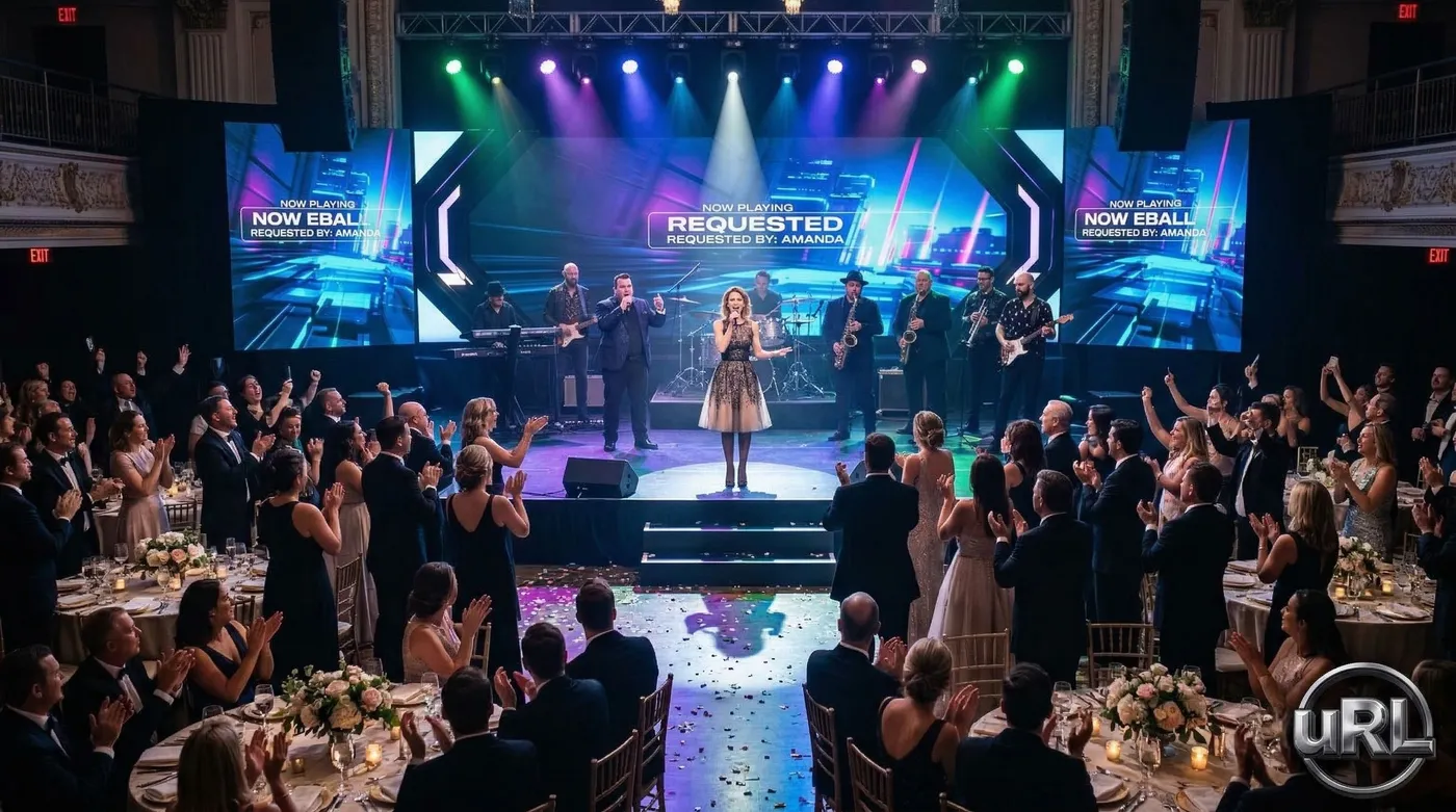Guest performing on stage to cheering crowd at corporate event
