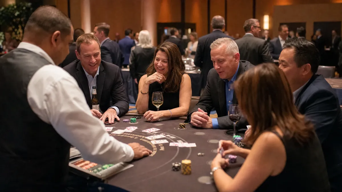 Corporate casino night with colleagues around a blackjack table