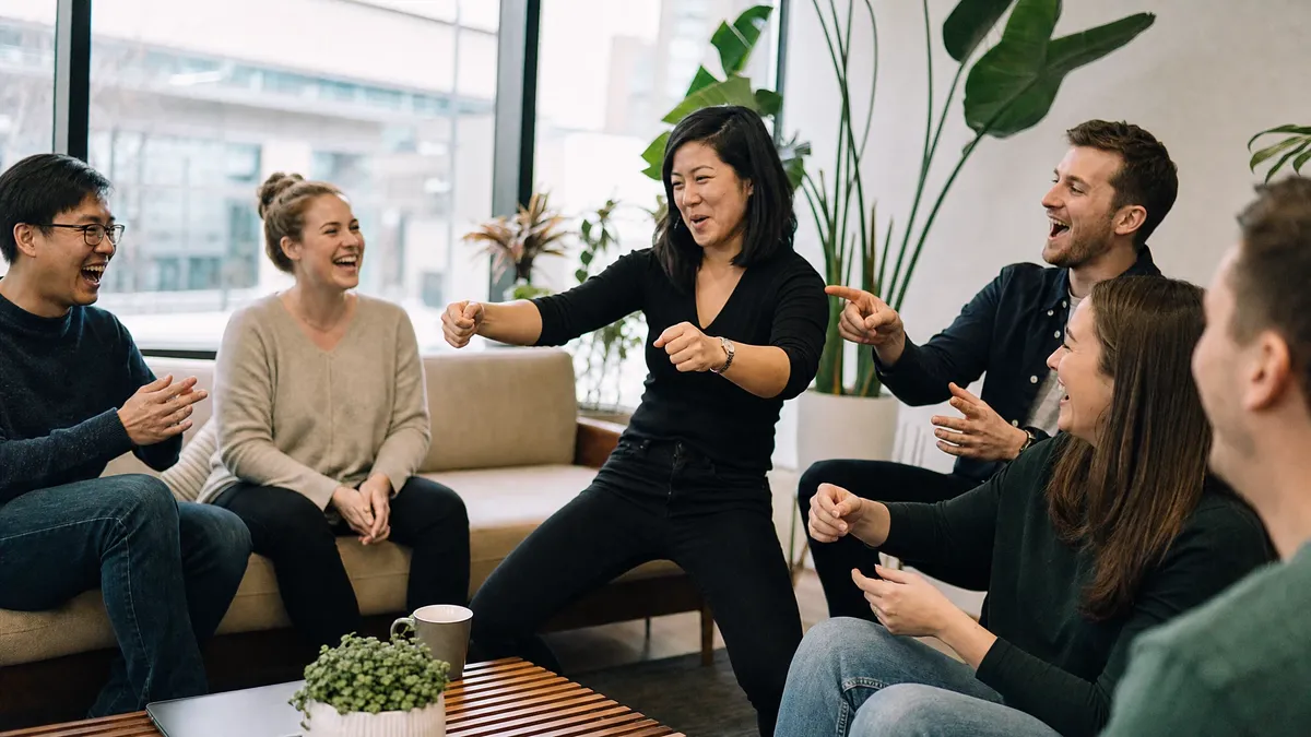 Woman dramatically miming rowing a boat during office charades