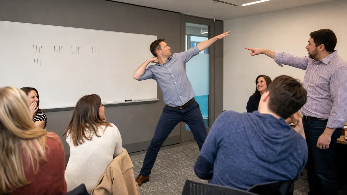 Man frozen in a superhero pose during a charades game at work