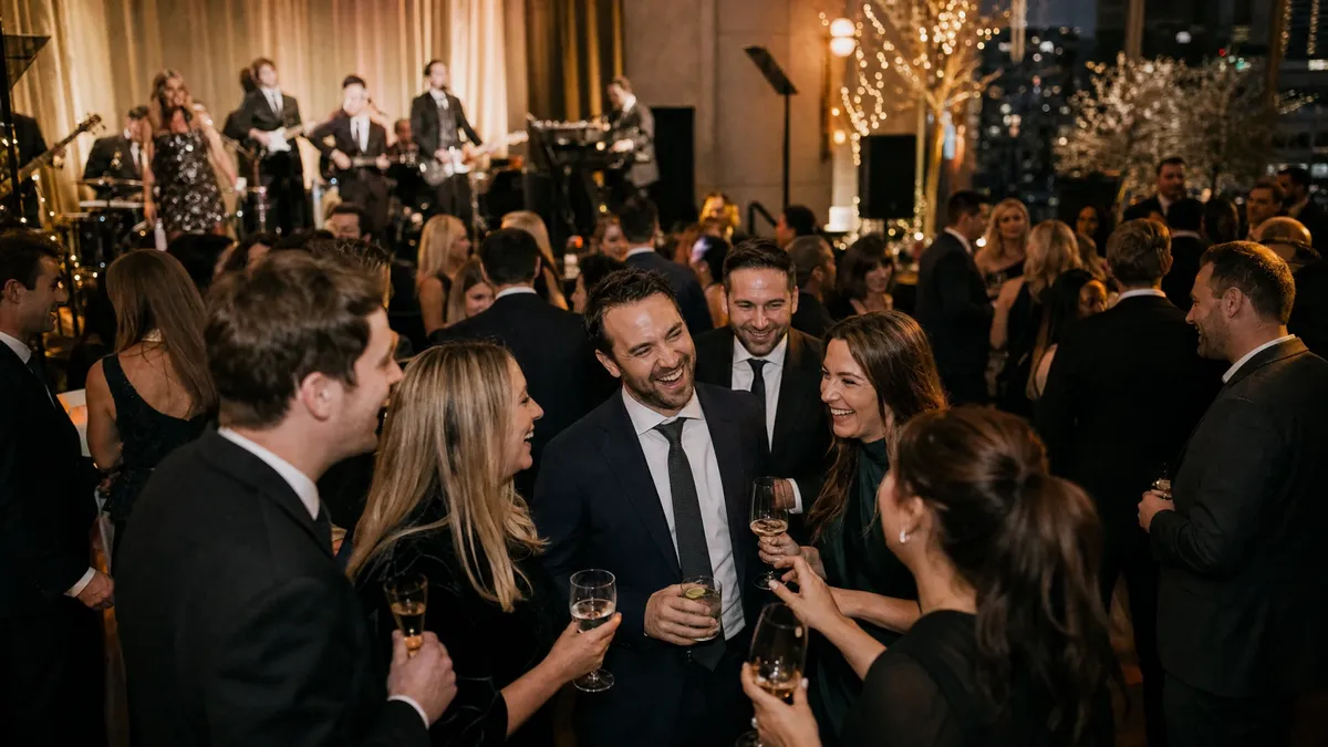 Corporate holiday party in a warmly lit ballroom with a live band on stage