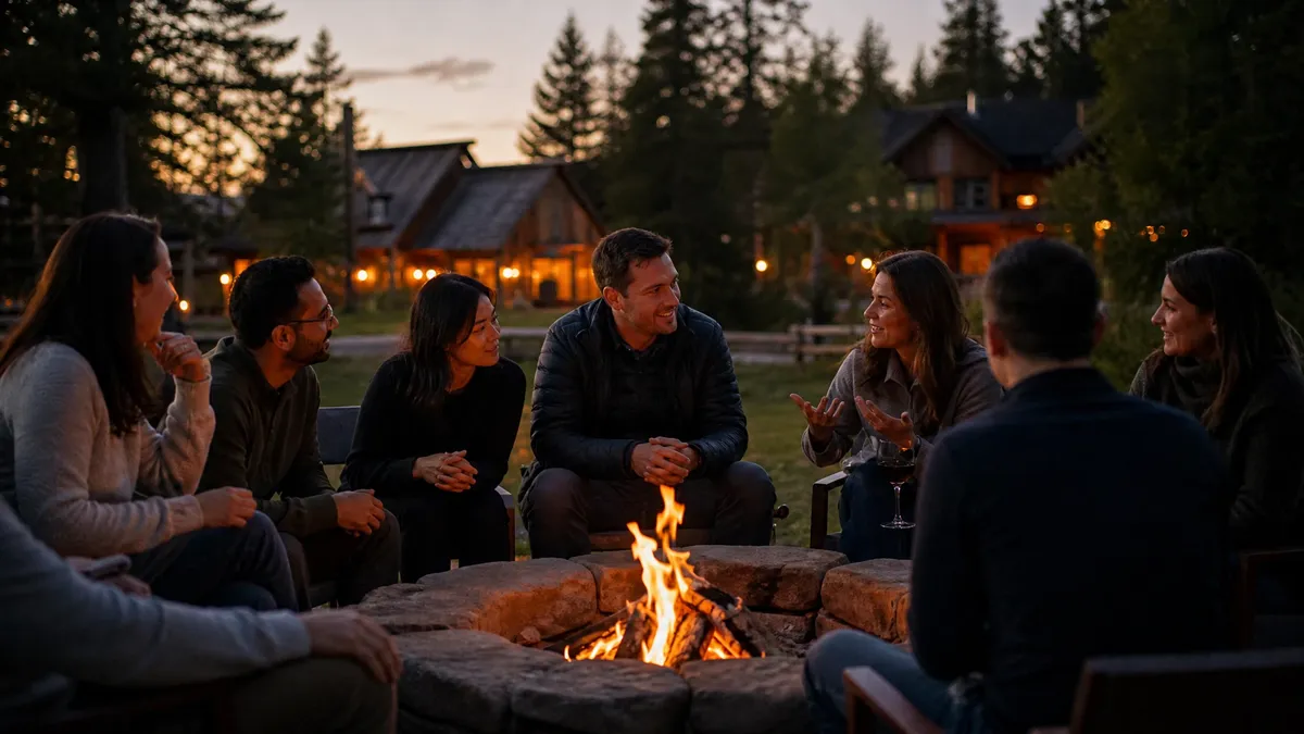 Corporate retreat group sharing stories around a firepit at dusk