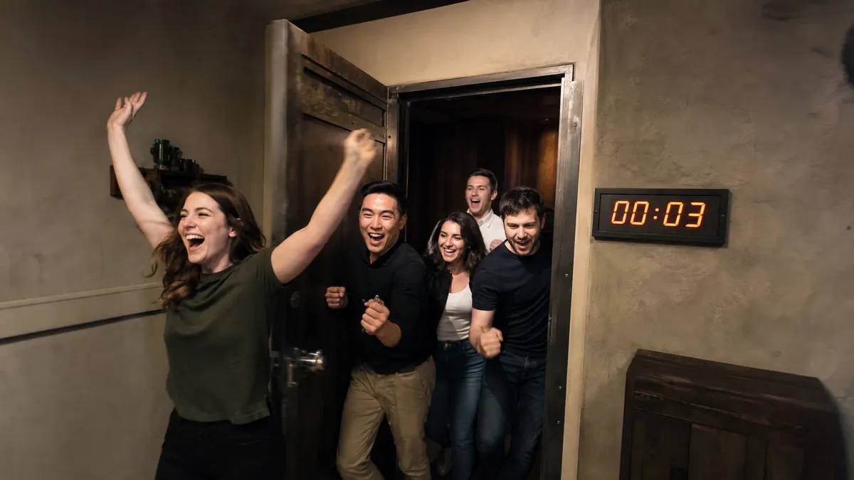 Team celebrating an escape room win with seconds left on the timer