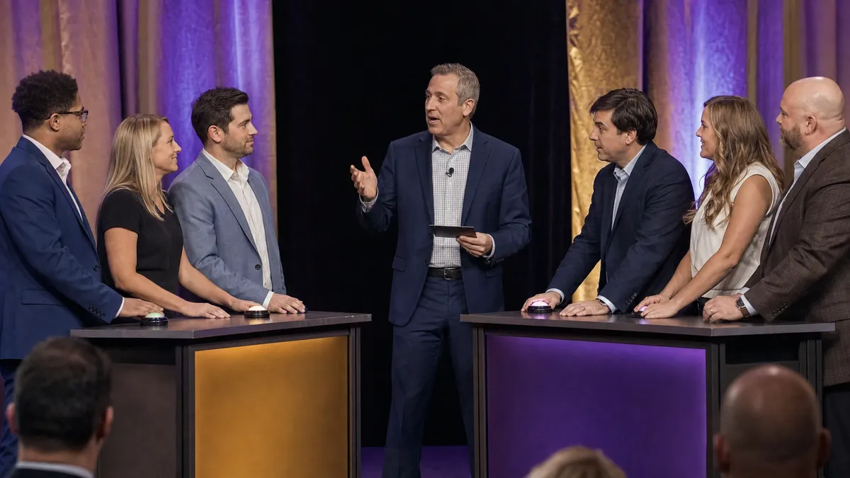 Two teams at podiums with buzzers facing off in an office game show