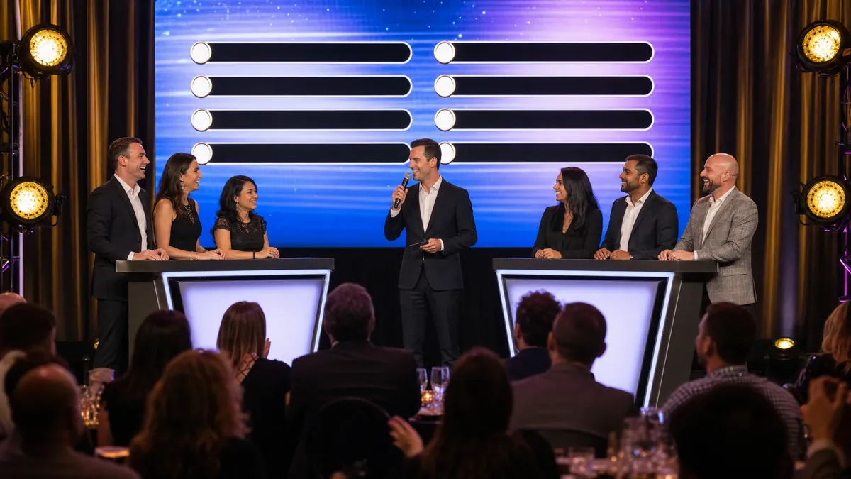 Corporate game show with two team podiums and a survey answer board