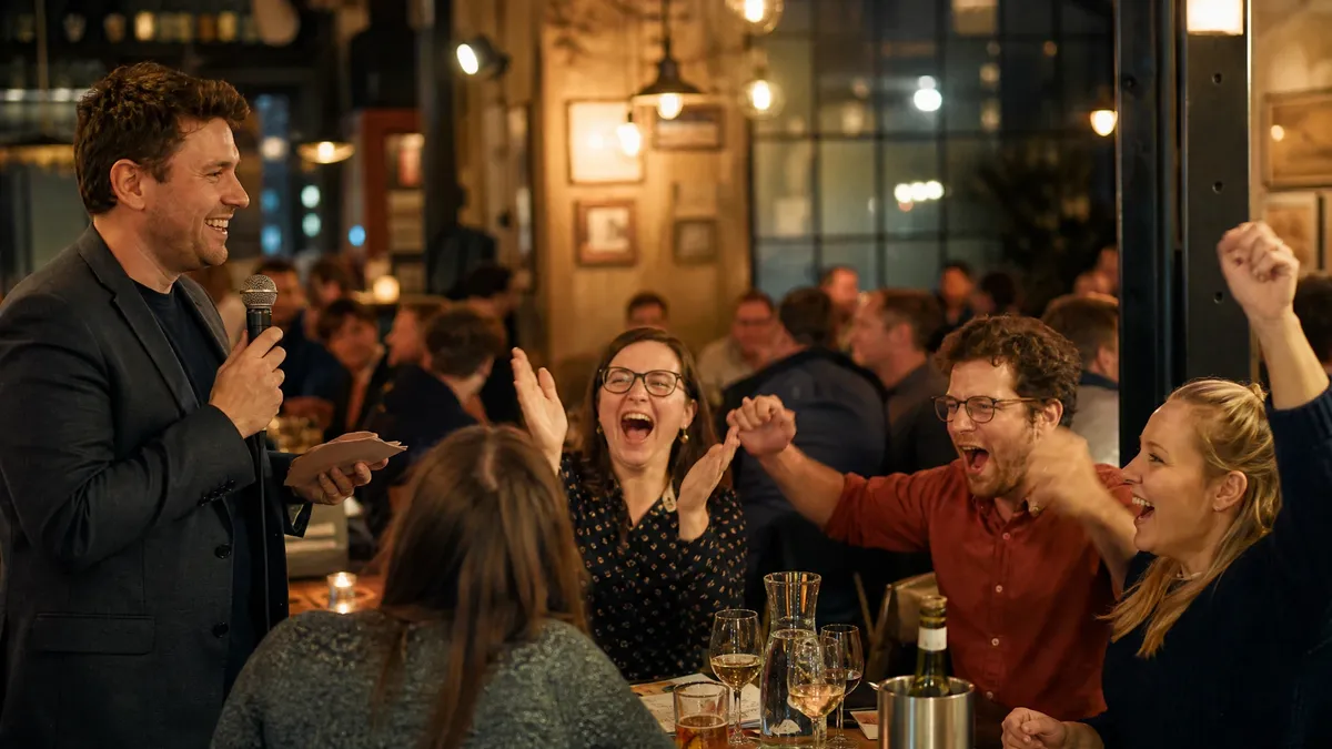 Trivia host with a microphone celebrating a correct answer with a team