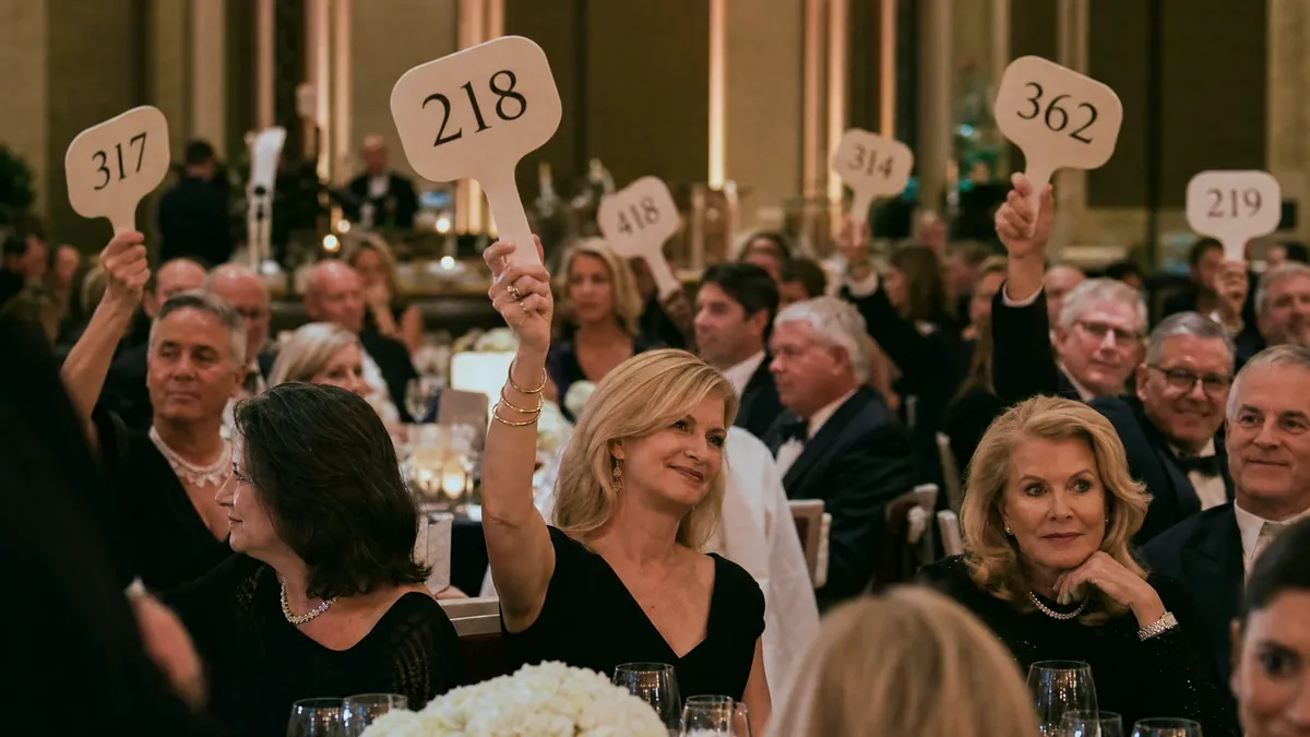 Charity gala paddle-raise with guests holding numbered paddles high