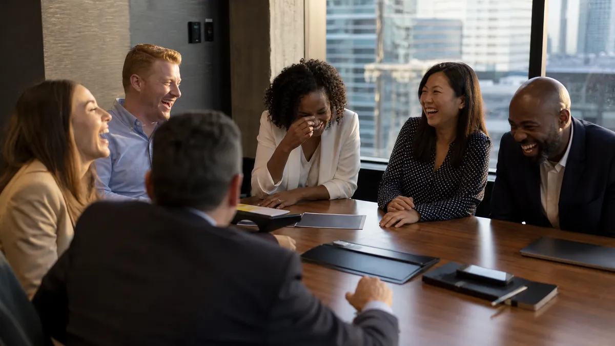Boardroom of colleagues cracking up at a funny icebreaker question