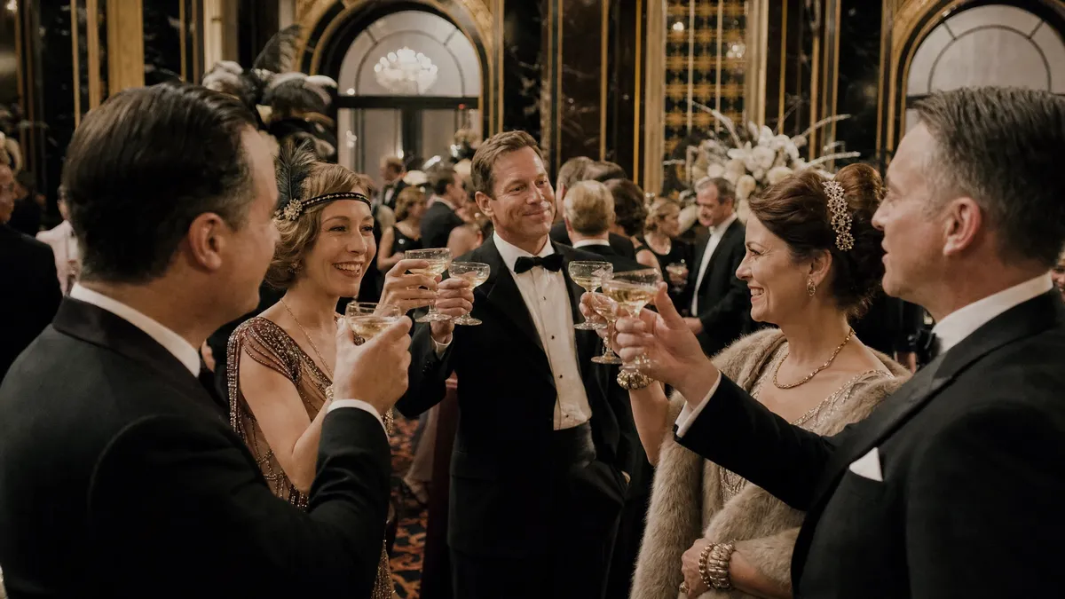 Great Gatsby themed gala with art deco decor and 1920s attire