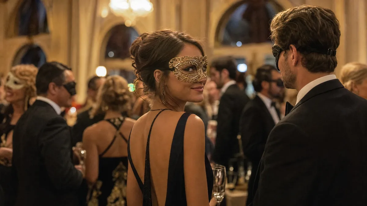 Masquerade gala with guests in elegant masks under chandelier light