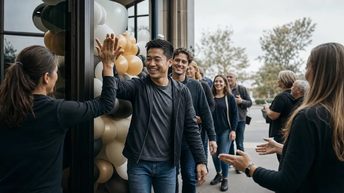 Excited customers lined up at a grand opening entrance