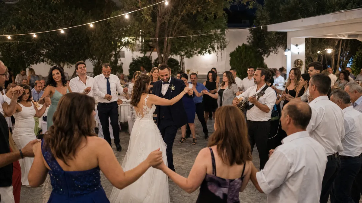 Greek wedding kalamatiano circle dance around the couple with live bouzouki