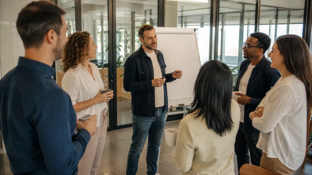 Facilitator leading a quick standing icebreaker in a glass-walled meeting room
