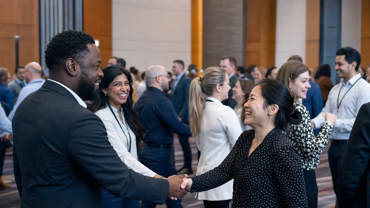 Facilitator leading a large group icebreaker at a work conference