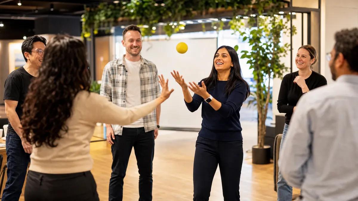 Team playing an energetic icebreaker game in a bright office common area