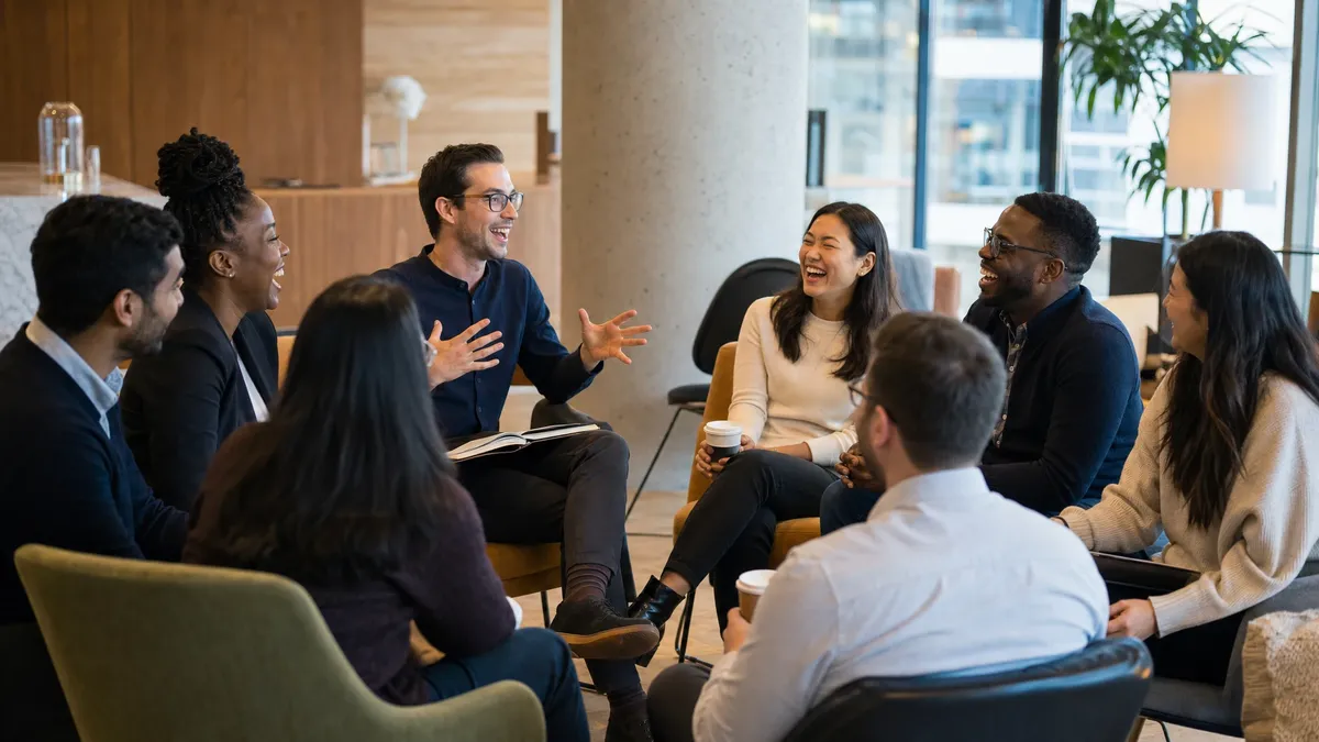 Coworkers laughing together during an office icebreaker session