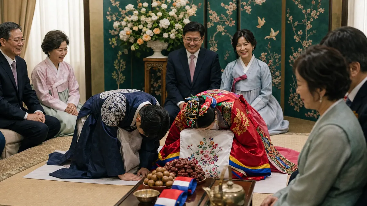 Korean paebaek ceremony with the couple in traditional hanbok bowing at a low table
