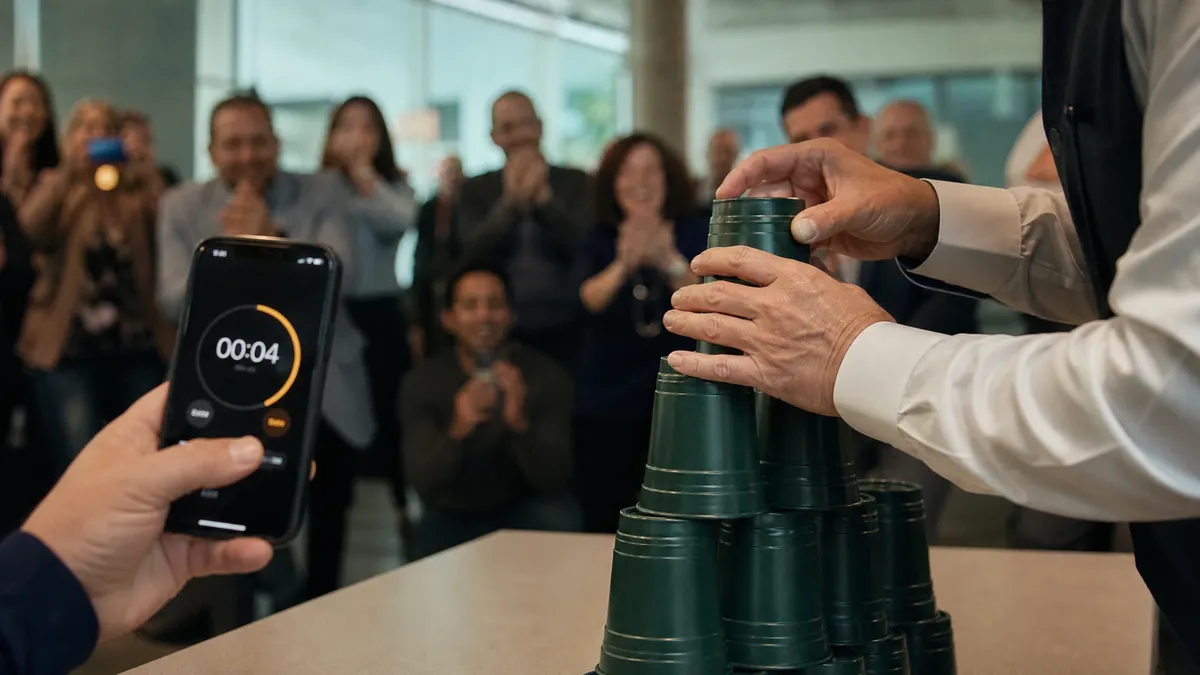 Hands stacking a plastic cup pyramid as a sixty second timer runs down