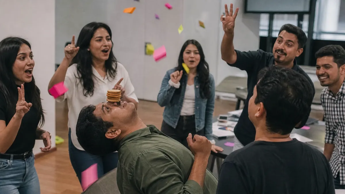 Colleague balancing cookies on their forehead in a minute to win it relay