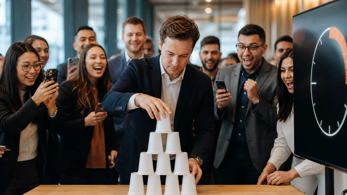 Employee stacking cups against the clock in a minute to win it office challenge