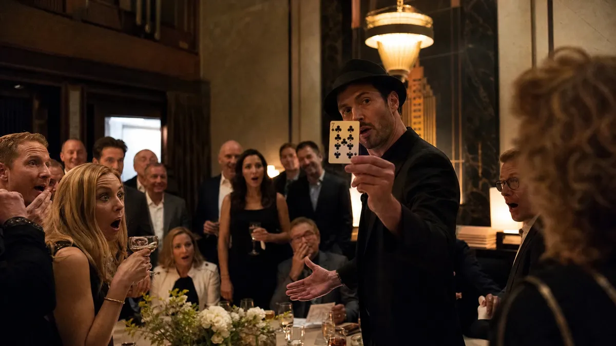 Murder mystery host in a fedora revealing a card to a shocked crowd