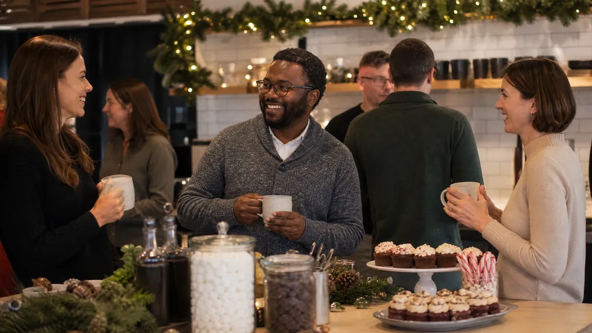 Hot chocolate and dessert station at a decorated office holiday party