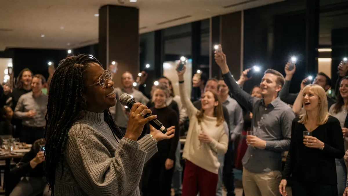 Employee singing karaoke at an office christmas party while coworkers cheer