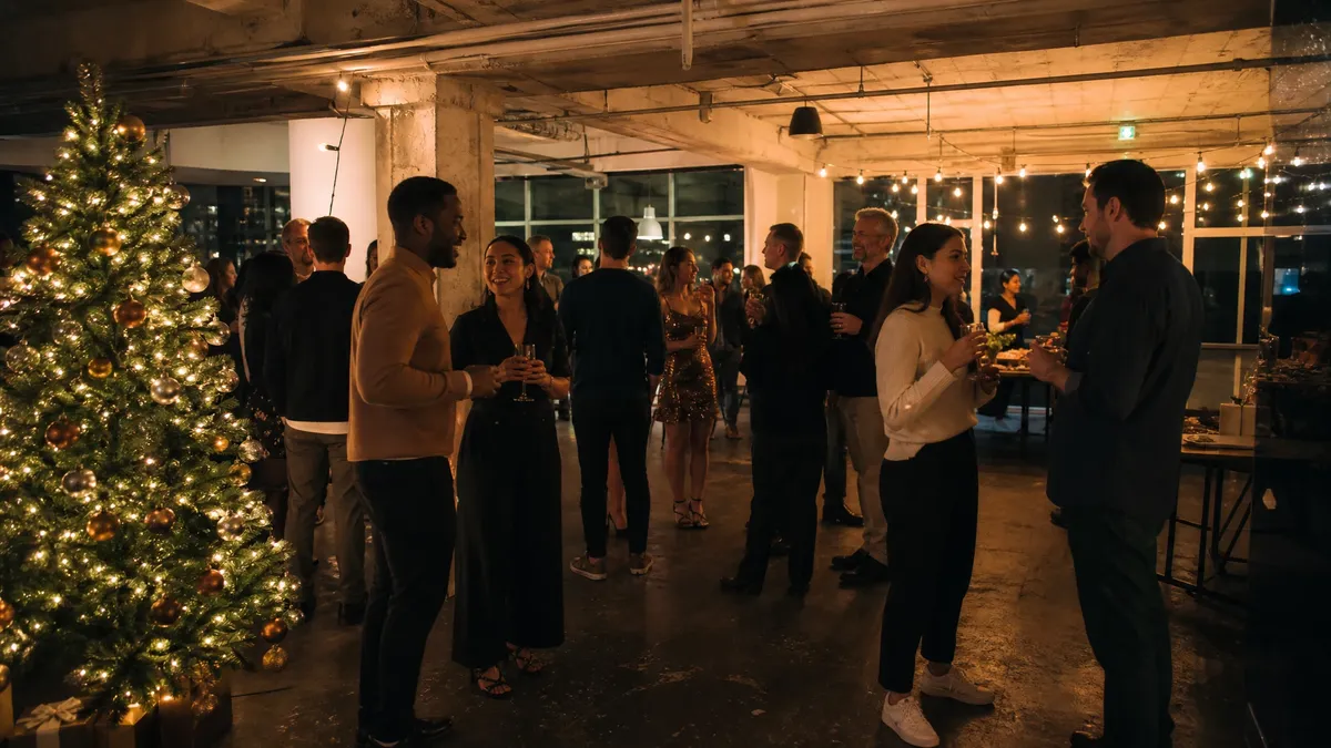 Open-plan office transformed with string lights for a christmas party