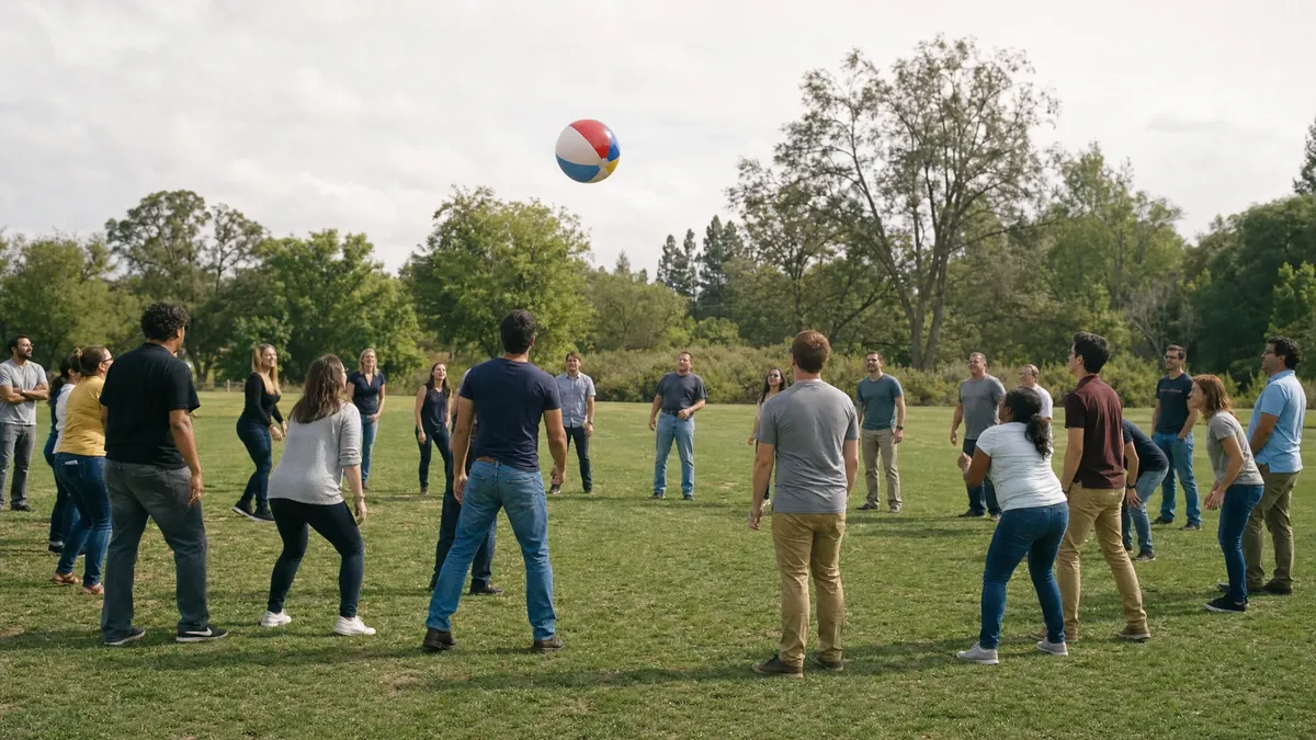 Circle of employees volleying a giant beach ball on a green field