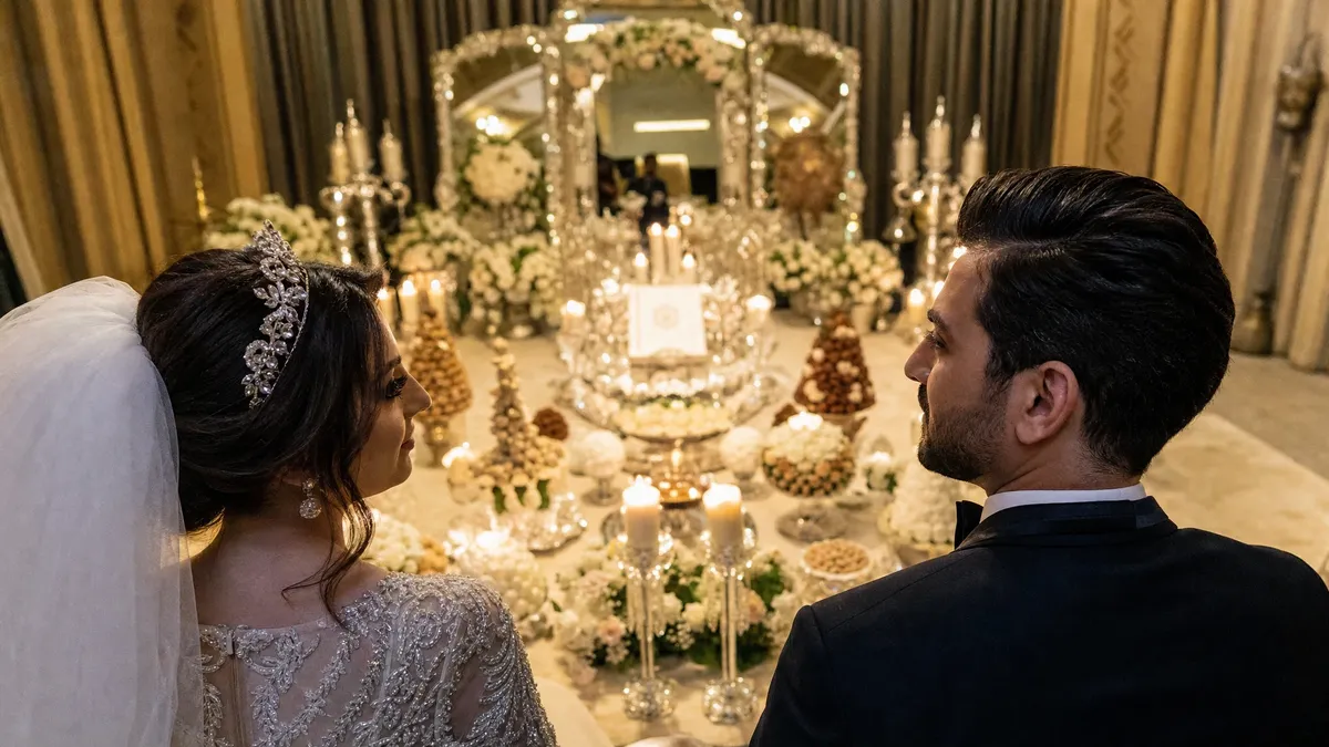 Persian wedding sofreh aghd spread with mirror and candelabras before the seated couple