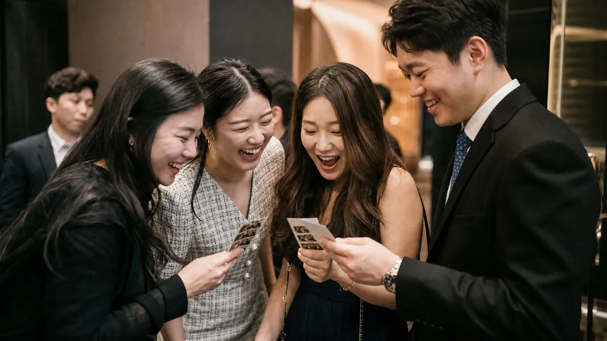 Guests laughing over fresh photo strips from a photo booth printer