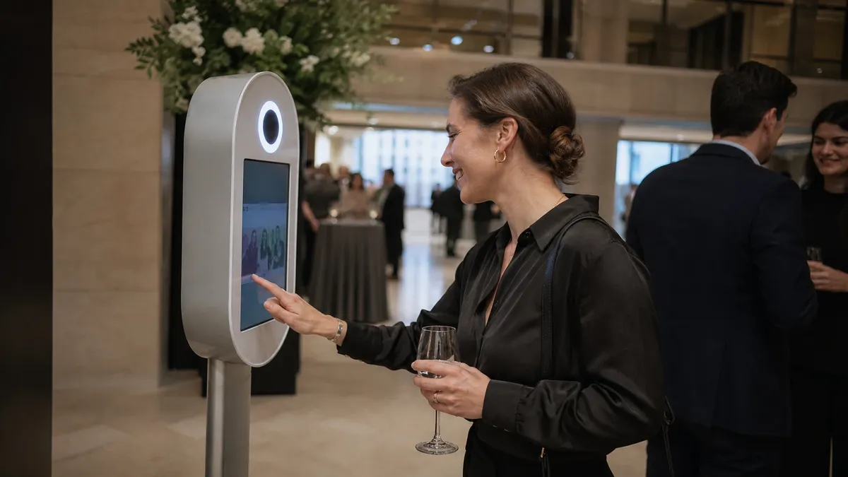 Tablet-based AI photo booth station at a corporate reception