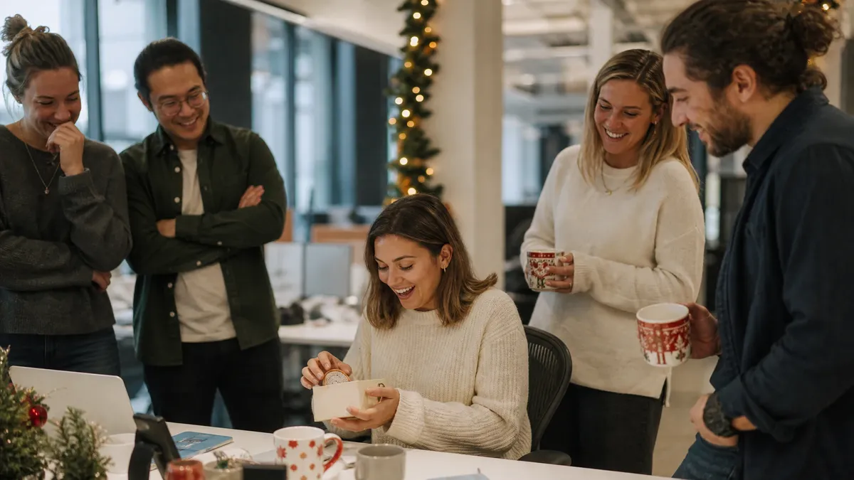 Employee delighted while opening a secret santa gift at her desk
