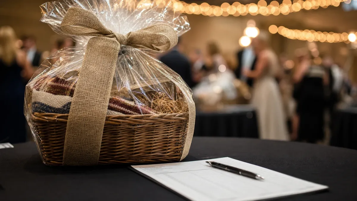 Themed auction basket with a bid sheet and pen at a gala
