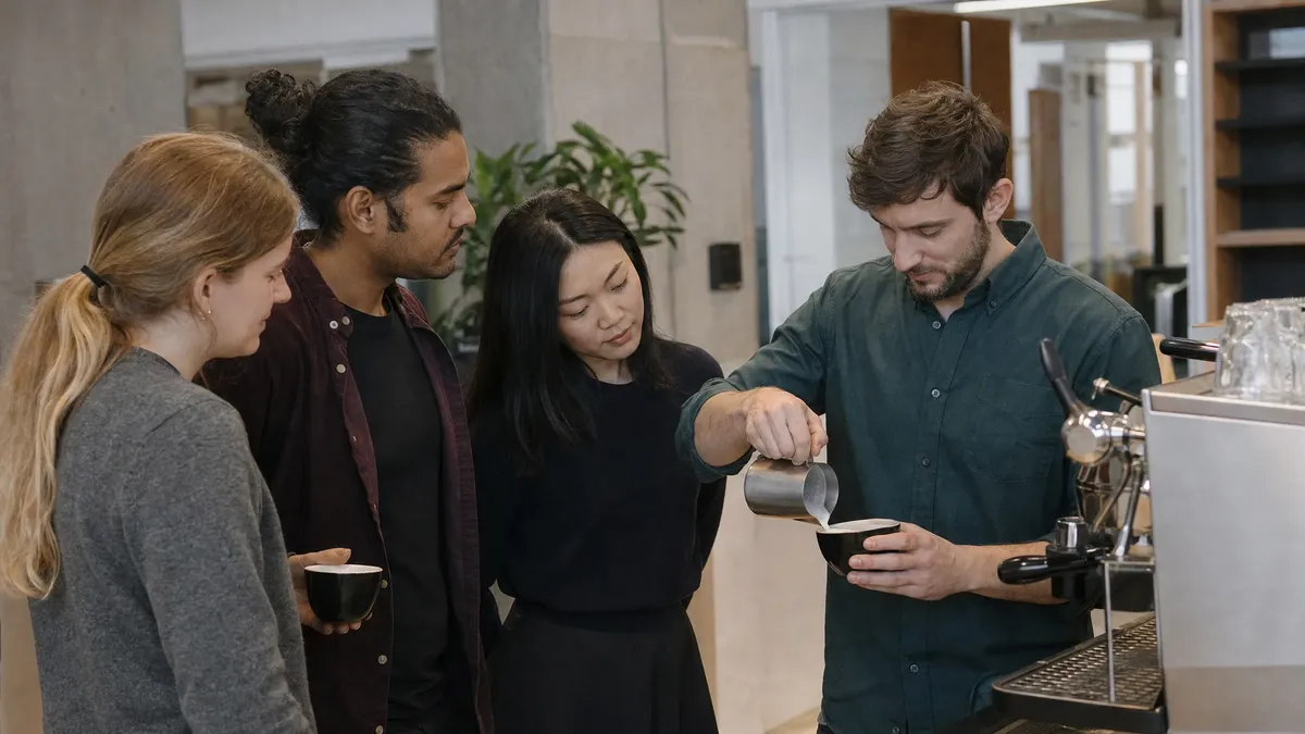 Coworker teaching teammates latte art during a skill swap session