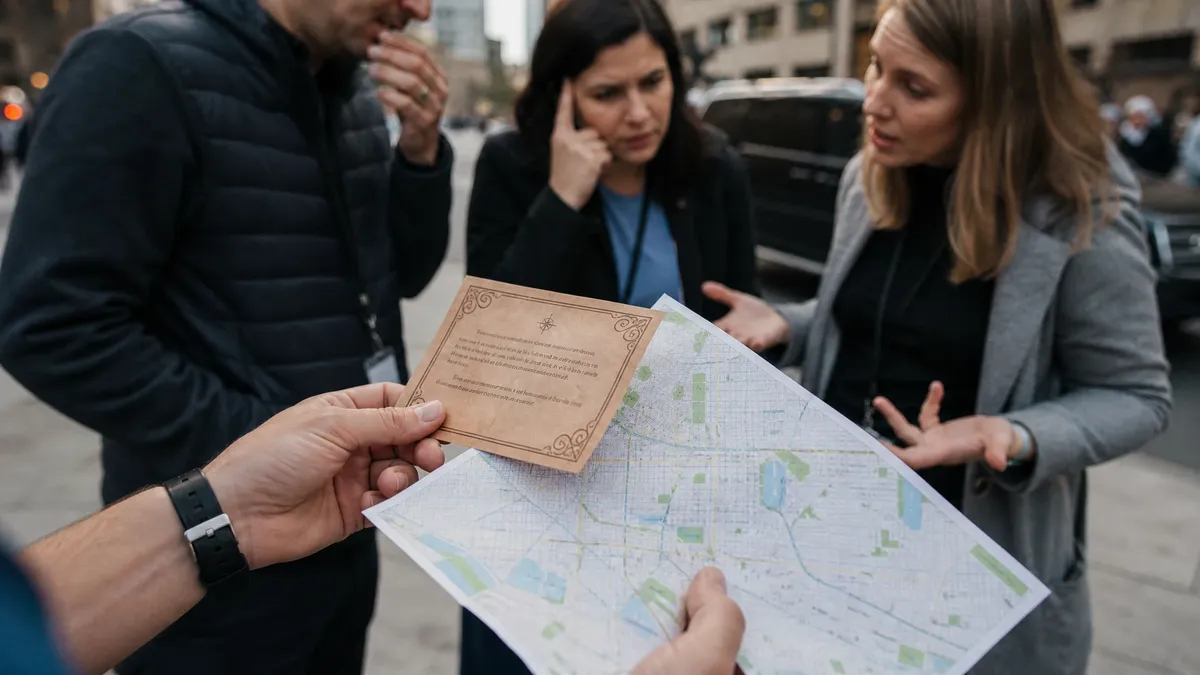 Hands holding a scavenger hunt clue card and city map downtown