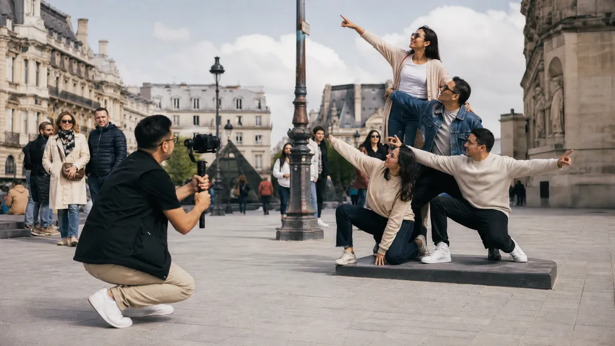 Team recreating a statue pose for a scavenger hunt photo challenge