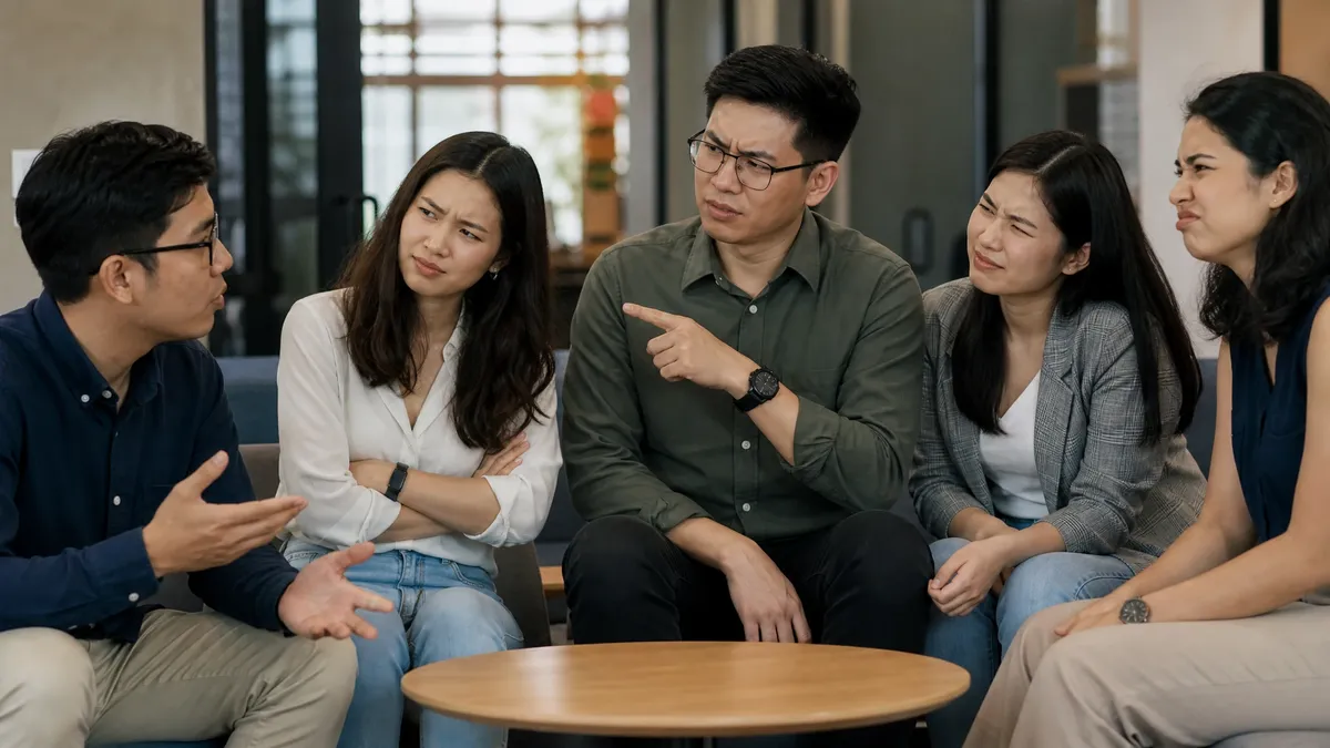 Poker-faced player bluffing while colleagues guess the lie