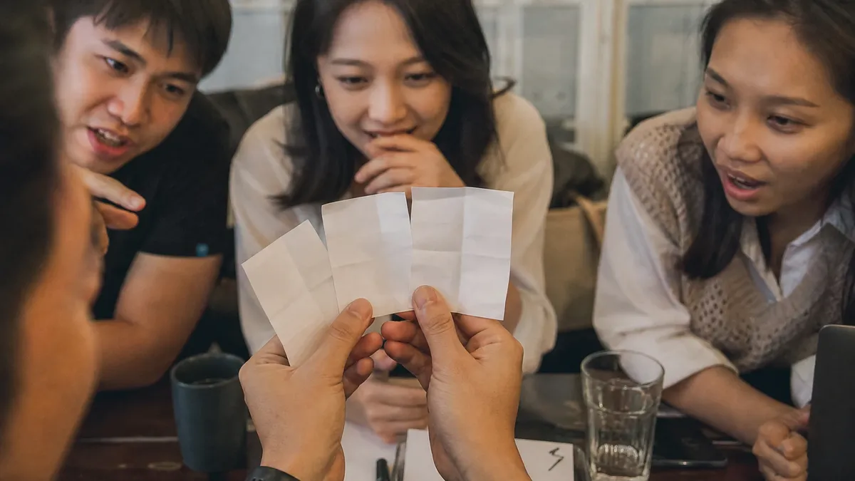 Hands holding three folded paper slips during a two truths and a lie round