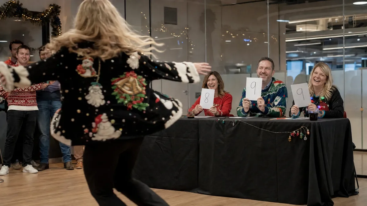 Judges holding score cards at an ugly christmas sweater contest