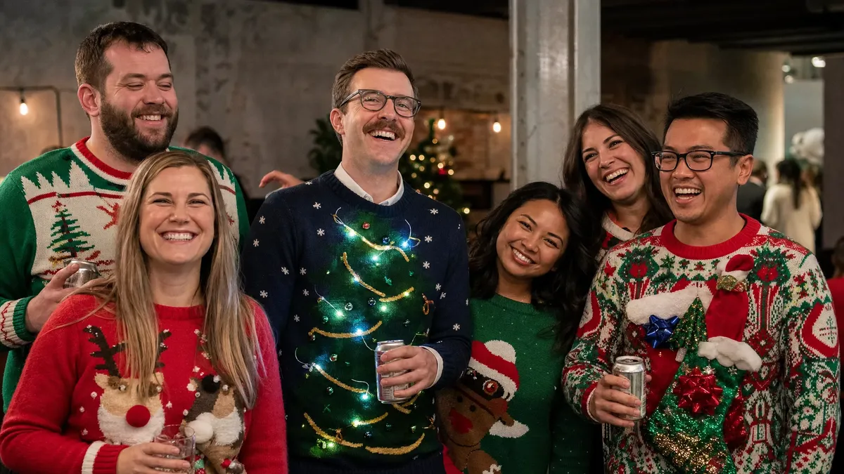 Coworkers posing proudly in decorated ugly christmas sweaters at an office party