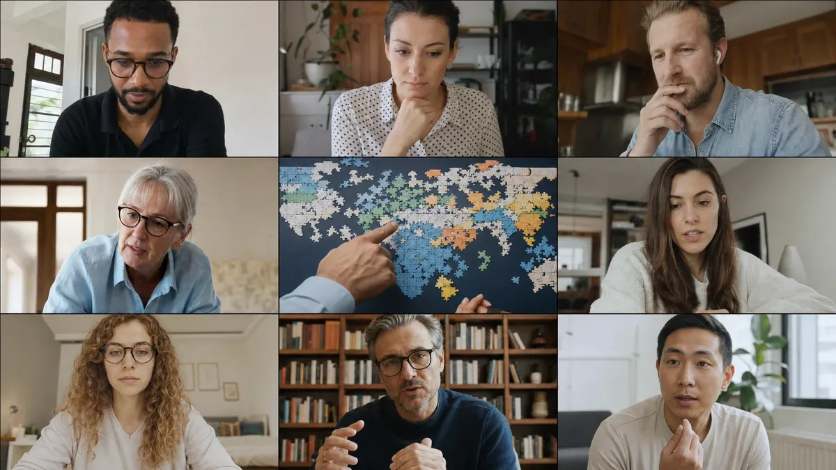 Video call grid of colleagues examining a shared digital puzzle together
