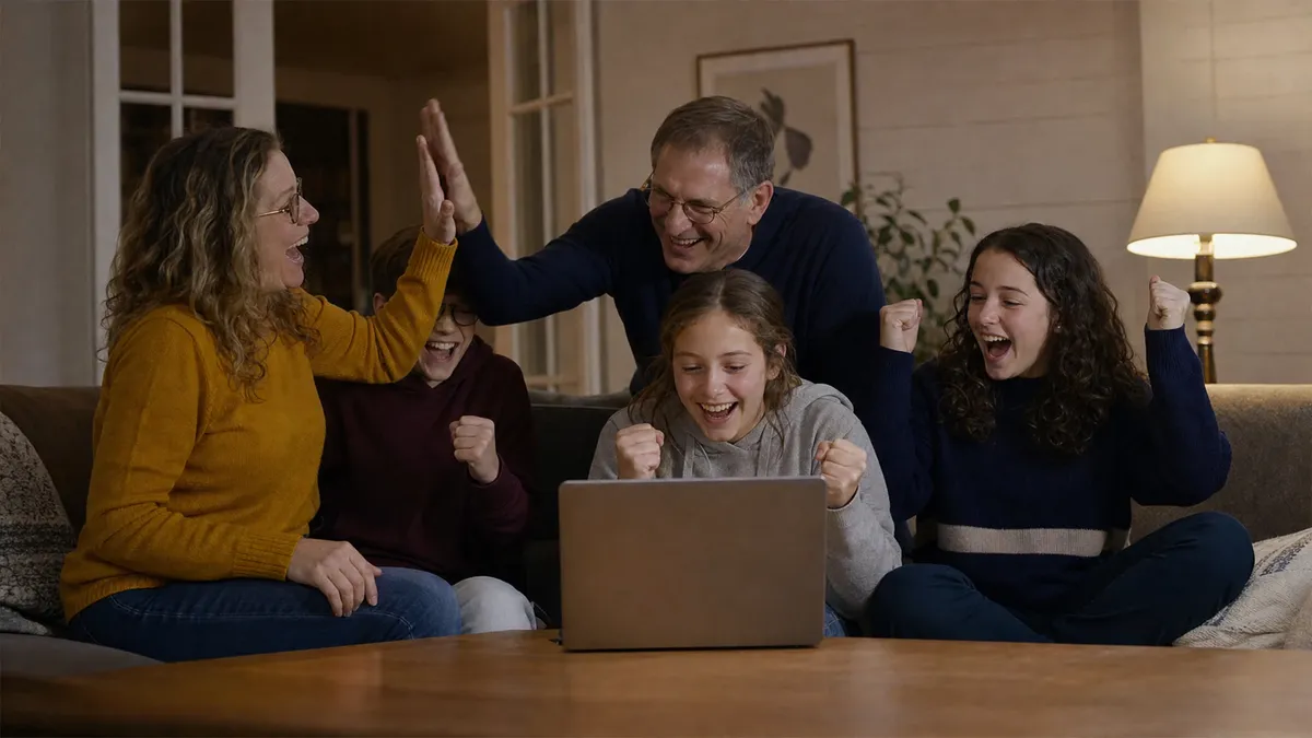 Teammates high-fiving in front of a laptop after solving a virtual escape room