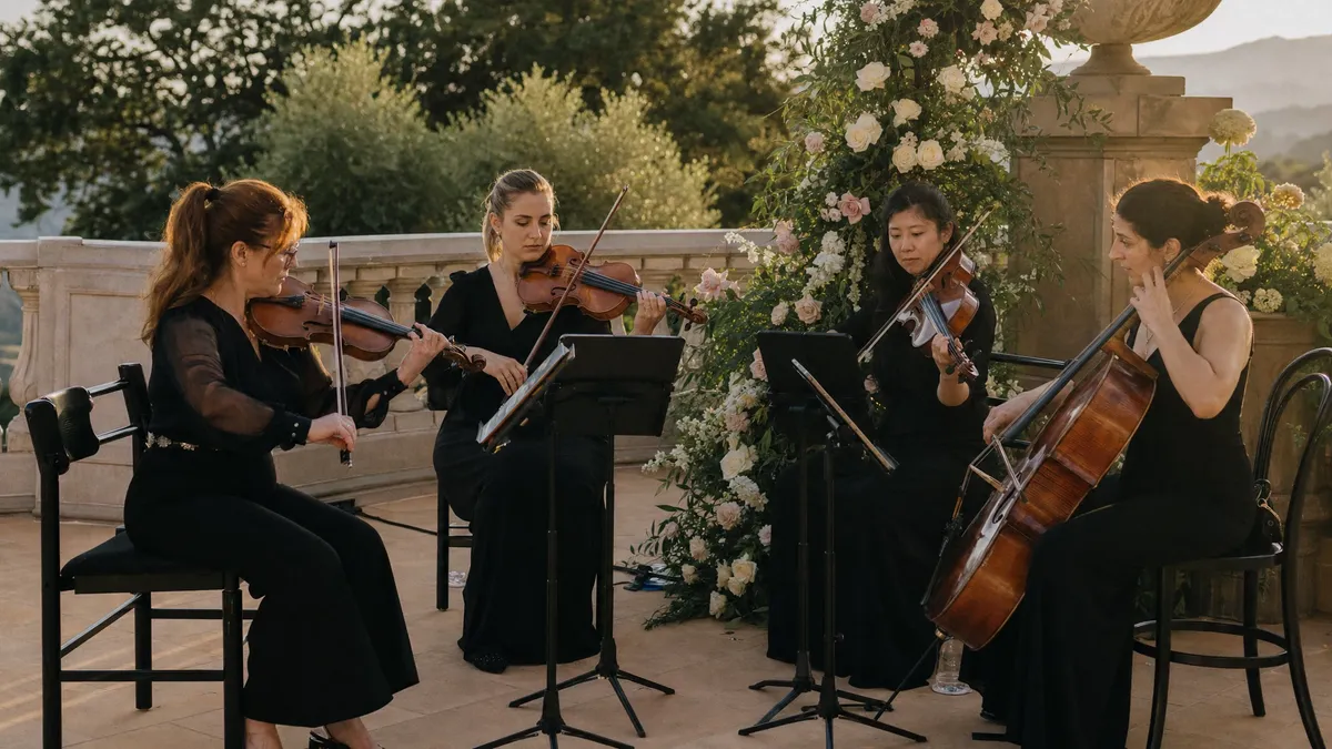 String quartet playing during a wedding cocktail hour at golden hour